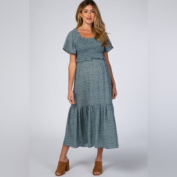 Teal Floral Smocked Front Ruffle Trim Maternity Midi Dress - Picture 1 of 9